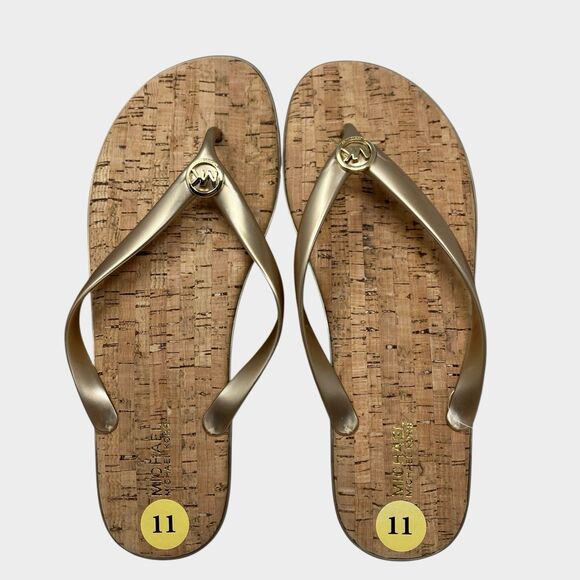 Michael Kors Jet Set Sandals MK Jelly 11 Gold Cork Flip Flops Thong Beach - Picture 1 of 12
